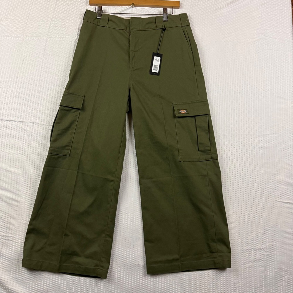 New Dickies Cargo Pants Womens 10R Green Wide Leg Crop High Rise Twill